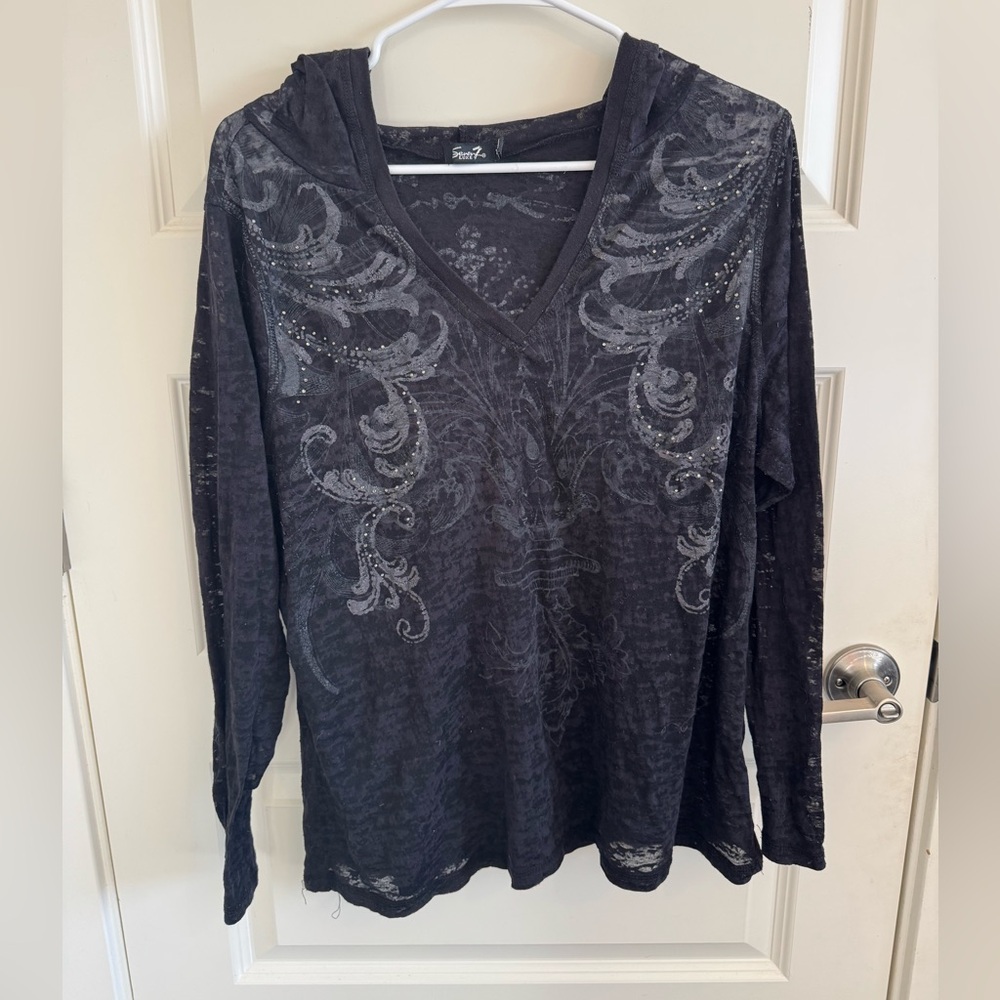 Seven7 See-Through Hooded Graphic Top